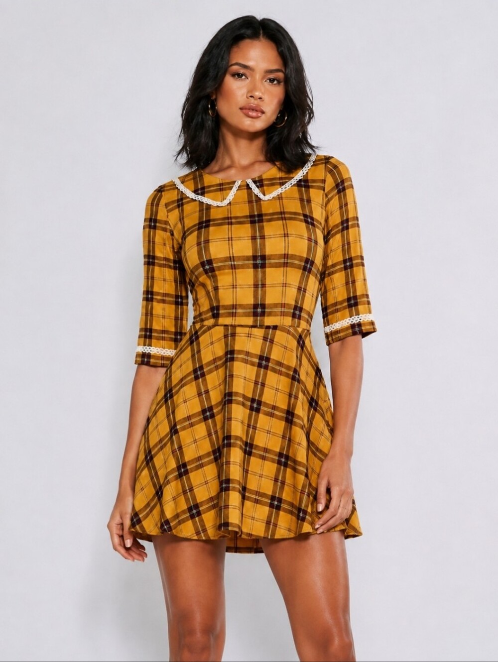 Voodoo Vixen Mustard Plaid Peter Pan Collar Dress 100% Cotton Fit & Flare Size S